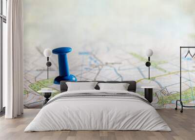 Blue thumbtack marking and showing destination location point on map background with copy space Wall mural