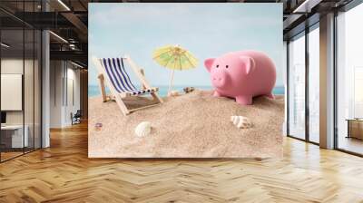 Piggy bank on beach holiday concept for finance and travel Wall mural