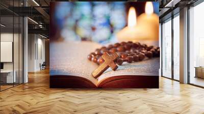 Rosary beads and crucifix cross on holy bible Wall mural