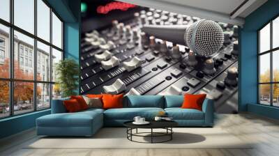 Sound recording studio mixer desk or mixing console and microphone Wall mural