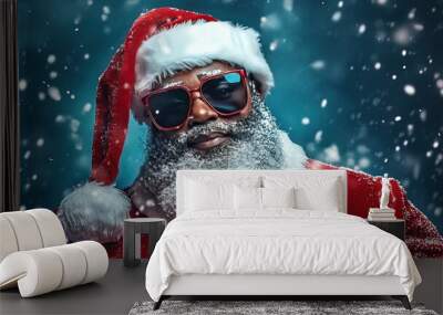 modern black santa, fashionable, colorful Santa suit, winter background, copy space  Wall mural