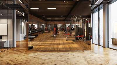 Modern fitness concept with a gym interior filled with equipment. Heavy weights to pump iron for strength training with free weights or machines.  Wall mural