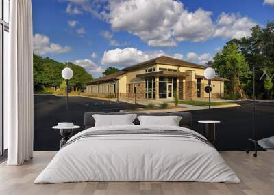 Modern tan and brown dentistry business building with stonework Wall mural