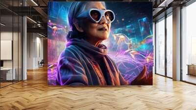 older asian woman wearing augmented reality sunglasses in the virtual metaverse Wall mural