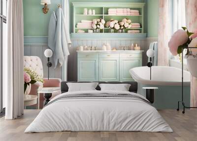 Pastel master bathroom - bright and airy with pastel colored cabinets, sink, and bathtub, painted walls and shelving by generative AI Wall mural