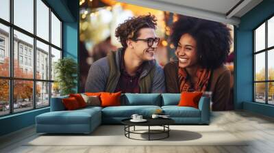 photograph of a mixed race outdoors enjoying the seasonal holiday weather on a date Wall mural