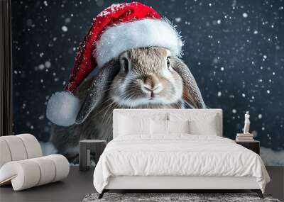 Rabbit wearing Santa hat in the winter snow for Christmas 2024 Wall mural