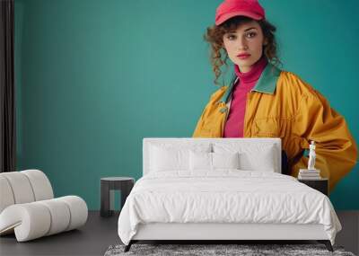 retro 1990s fashion with colorful clothing. model standing on blank background with copy space Wall mural