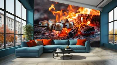 Roasting marshmallows on an open campfire for smores Wall mural