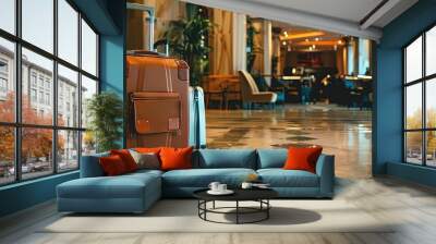 Rolling suitcase in the lobby of an expensive five star hotel - travel and vacation concept Wall mural