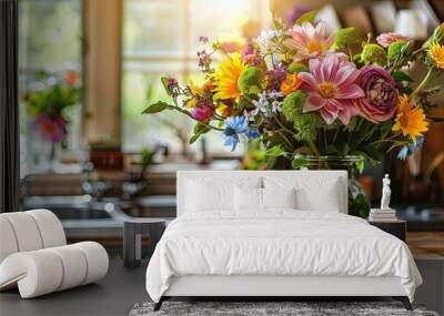 Spring floral bouquet on kitchen counter Wall mural