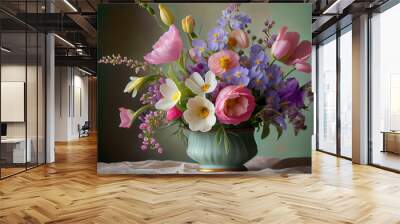 Spring floral bouquet using a unique arrangement of flowers and foliage to create a natural look with spring hues and tones. Studio setting clean backdrop. Generative AI Wall mural