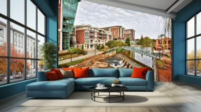 View of downtown city (Greenville, SC) apartments and buildings with river and bridge Wall mural