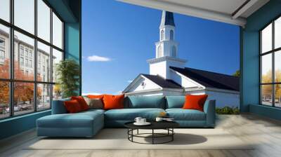 White traditional church with tall steeple Wall mural