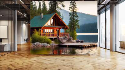 Wood cabin on the lake - log cabin surrounded by trees, mountains, and water in natural landscapes Wall mural