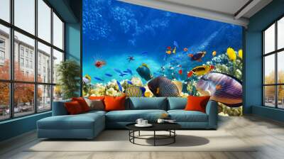 Underwater world with corals and tropical fish. Wall mural