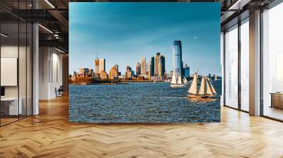 View from the water, from Hudson bay to Lower Manhattan. New York City Financial capital of America. Wall mural