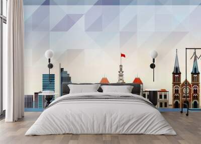 Ho Chi Minh City skyline vector colorful poster on beautiful triangular texture background Wall mural