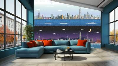 Hong Kong skyline at day and night vector illustration Wall mural