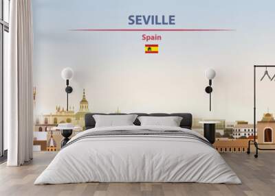 Seville cityscape on sunrise sky background with bright sunshine. Vector illustration Wall mural