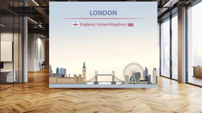 Vector illustration of London city skyline on colorful gradient beautiful day sky background with flags of  England and United Kingdom Wall mural