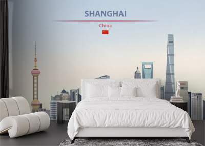 Vector illustration of shanghai city skyline on colorful gradient beautiful daytime background Wall mural