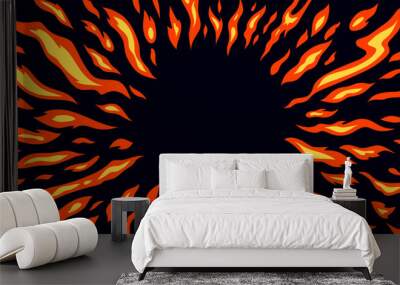 Circle Fire Flame Pattern on Dark Background. Ring Fiery Frame in Cartoon Anime Style. Vector Burn Fire Texture Wall mural