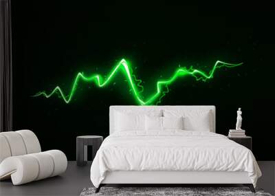 Vector Illustration of Abstract Green Lightning on Black Background. Blitz Lightning Thunder Light Sparks Storm Flash Thunderstorm. Power Energy Charge Thunder Shock Wall mural