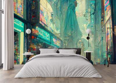 Cyberpunk future illustration in vintage painting style Wall mural