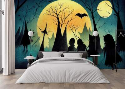 Halloween abstract children's illustration with spooky trees Wall mural