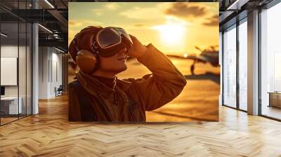 arafed man in a pilots uniform and goggles looking at a plane Wall mural