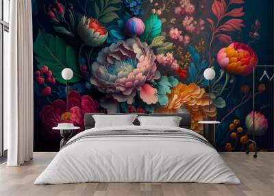 hand Painted flowers as a lush pattern oil painted Photo. Generative Ai Wall mural