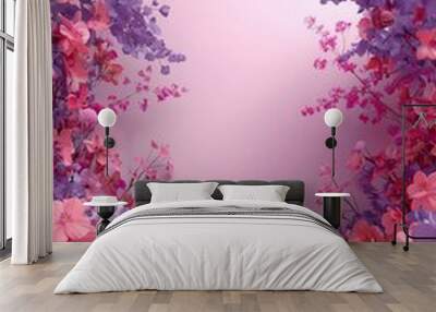 purple and pink flowers are in a pink background with a white wall Wall mural