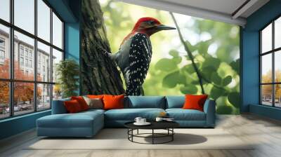 there is a red and black bird perched on a tree Wall mural