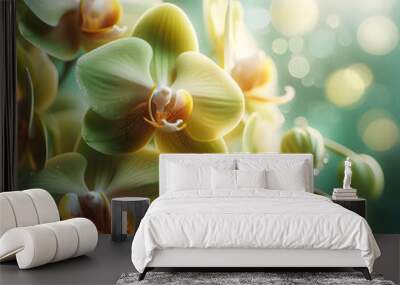 Close up of beautiful yellow green orchid phalaenopsis blooms in flower. Wall mural