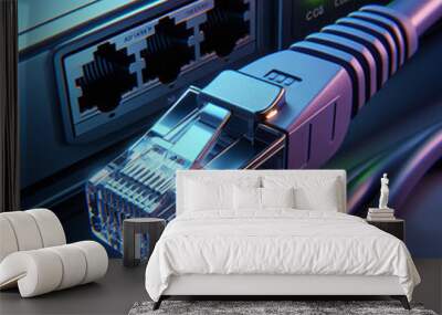 Modern cat 6 ethernet connector plug with advanced router system, with purple sheath Wall mural