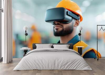 A construction worker wearing a virtual reality headset, focused on immersive technology, set in an industrial environment. Wall mural