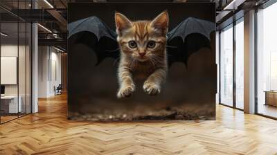 A cute kitten wearing bat wings, appearing to fly in a Halloween-themed setting, combining fantasy and playful charm in a dark background. Wall mural