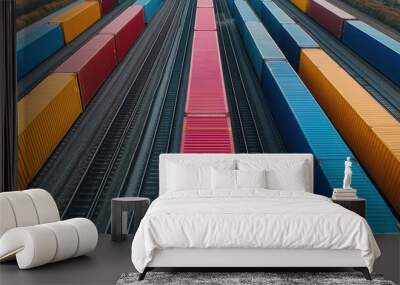 Aerial view of colorful shipping containers aligned on railway tracks, showcasing a vibrant logistics hub. Wall mural