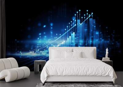 A business candlestick banner  graph chart of stock market investment trading on blue digital background, bullish point ,upward trend, financial analytics concept of monochrome graph diagram like sky Wall mural