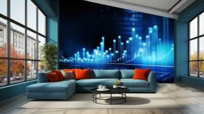 A business candlestick banner  graph chart of stock market investment trading on blue digital background, bullish point ,upward trend, financial analytics concept of monochrome graph diagram like sky Wall mural