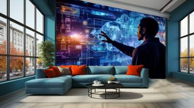 A businessman interacts with a virtual chart interface, bridging technology and business innovation, Charting the course of the digital future Wall mural