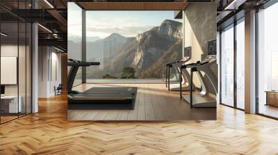 a gym with two treadmills and a view of mountains Wall mural