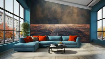 Banner, Dark smoky haze over wooden floor background creates an air of mystery. Empty stage with subtle shadows, cracked wood. Ideal for product display or abstract art in professional settings Wall mural