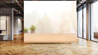 Empty of wood table top on blur of white clean  abstract and blur interior background with bokeh.used for display or montage your products. banner. Wall mural