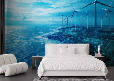 Futuristic digital windmill technology harnessing sustainable energy in blue ocean landscape background, wind turbines technological power alternative. green power, innovation resource  Wall mural