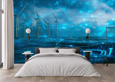 Futuristic digital windmill technology harnessing sustainable energy in blue ocean landscape background, wind turbines technological power alternative. green power, innovation resource  Wall mural