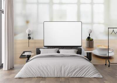 laptop showing blank screen with cup of coffee and mobile phone on table Wall mural