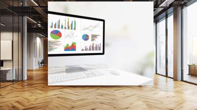 Modern computer with keyboard and mouse on white table showing charts and graph on screen against white modern clean indoor background , Analysis Business, Statistics Concept Wall mural