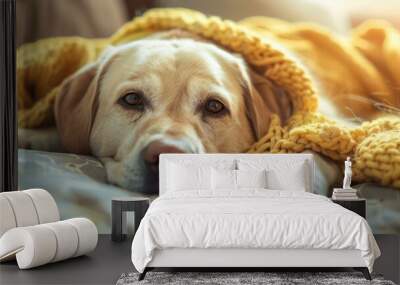 Adorable yellow Labrador Retriever snuggled under cozy, bright yellow knitted blanket on soft bed, evoking warmth and comfort on a lazy morning. Wall mural